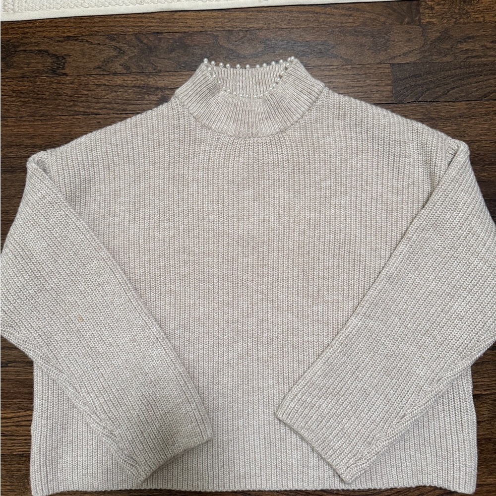 H&M Women's Ribbed Mock Neck Sweater with pearls in Light Beige